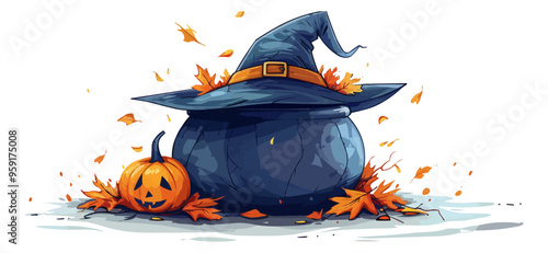 Cauldron with a witch's hat nearby on a white background. Vector flat isolated.