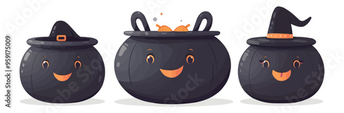 Cauldron with a spooky face on a white background. Vector flat isolated.