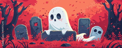 Ghost peeking out from behind a tombstone. Vector flat isolated.