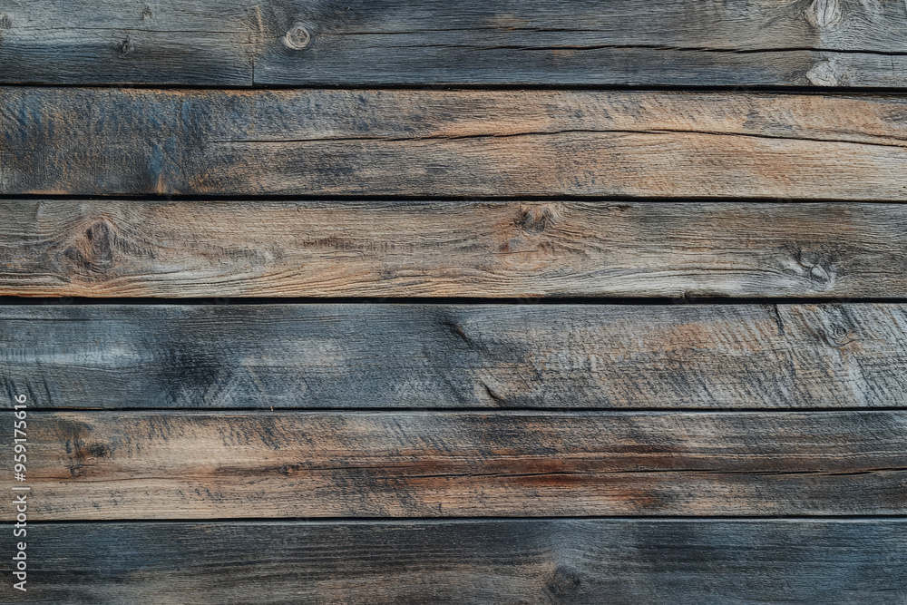 Fototapeta premium Rustic wooden backdrop with rough, aged oak planks arranged horizontally, featuring deep grain patterns and subtle cracks. The wood has a weathered, grayish-brown color with hints of green moss. Soft