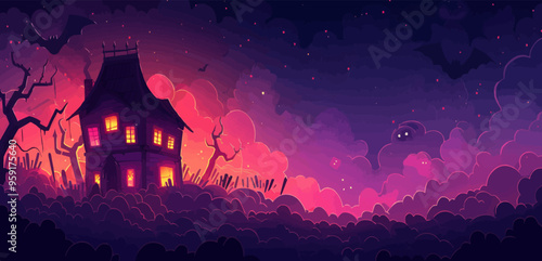 Haunted house with a spooky face. Vector flat isolated.