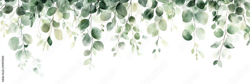 This watercolor illustration showcases soft eucalyptus leaves, making it an ideal choice for establishing a truly calming and elegantly refined atmosphere in any interior space or environment This watercolor illustration showcases soft eucalyptus leaves, making it an ideal choice for establishing a truly calming and elegantly refined atmosphere in any interior space or environment