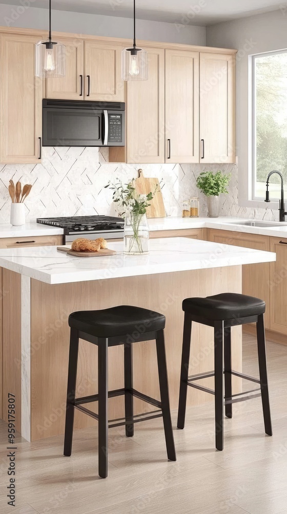 A sleek white kitchen showcases a stunning marble countertop and black farmhouse sink, complemented by elegant cabinetry and natural light pouring in A sleek white kitchen showcases a stunning marble countertop and black farmhouse sink, complemented by elegant cabinetry and natural light pouring in