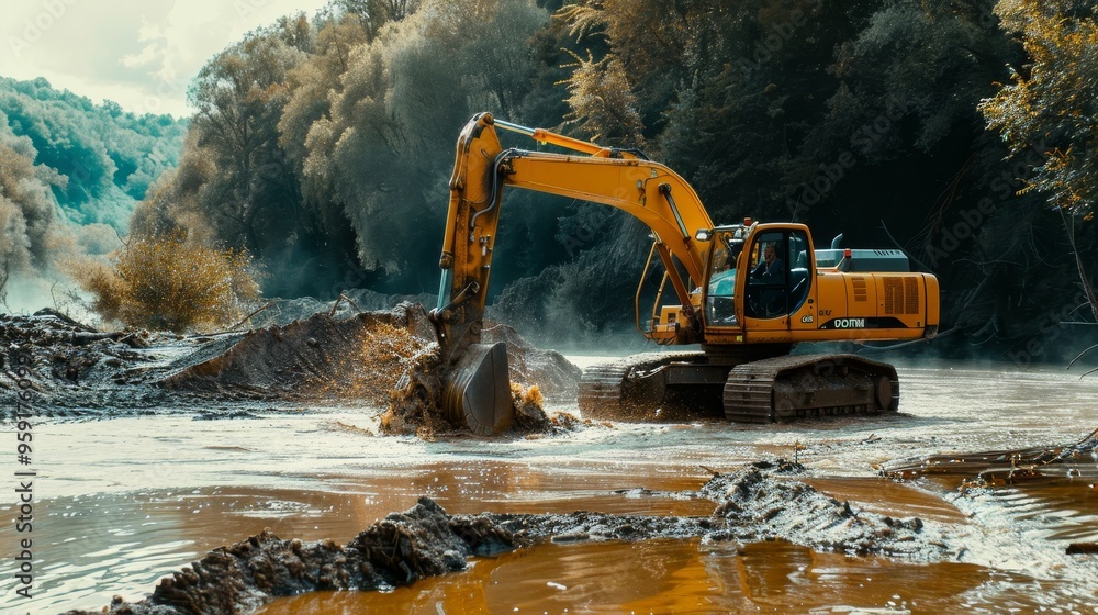 Yellow excavator operating in river captivating landscape with mud movement under sunny skies Yellow excavator operating in river captivating landscape with mud movement under sunny skies