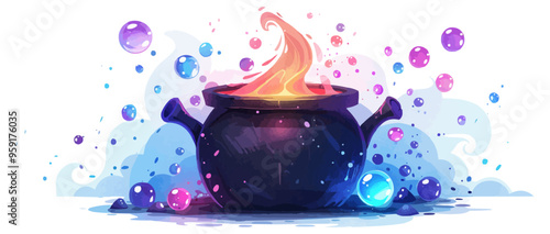 Cauldron with potion bubbles floating above on a white background. Vector flat isolated.