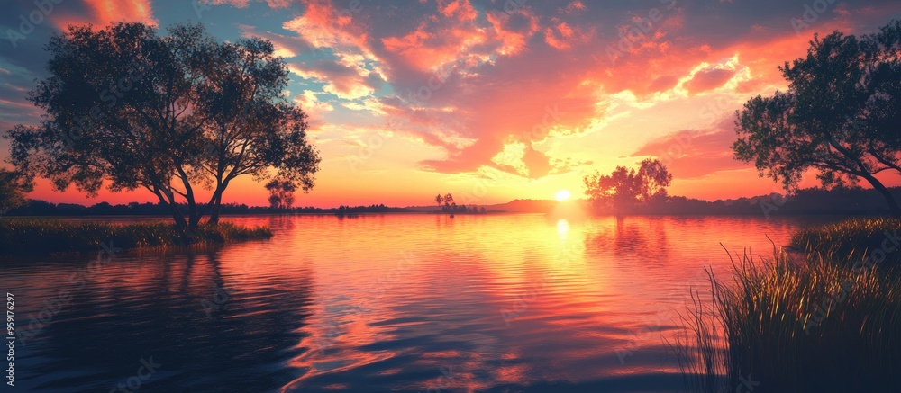 Vibrant sunset over calm waters with silhouettes of trees and a serene landscape creating a peaceful ambiance and natural beauty Vibrant sunset over calm waters with silhouettes of trees and a serene landscape creating a peaceful ambiance and natural beauty