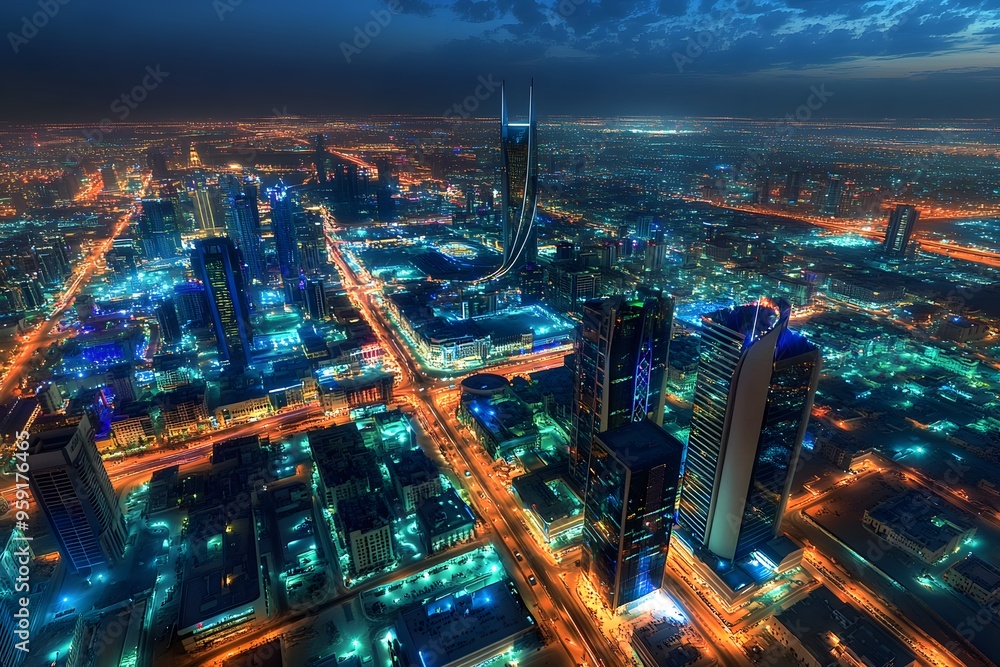 Obraz premium Nighttime Aerial View of a Cityscape with Illuminated Buildings and Streets