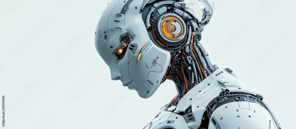 Fototapeta premium Profile image of a large robotic figure against a white background shown in a side view 3D rendered illustration