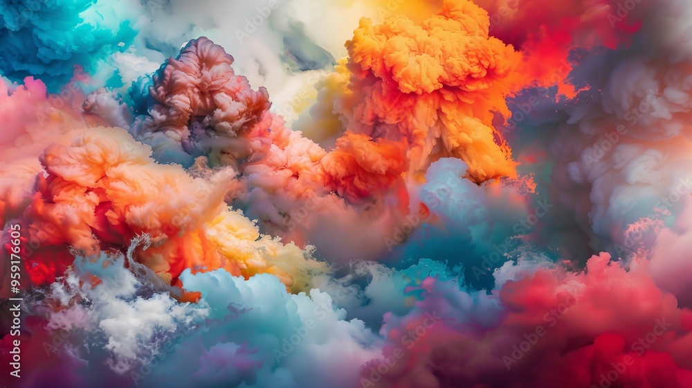 Colorful abstract clouds swirling together in a vibrant display of orange, red, blue, and white during a surreal sunset sky Colorful abstract clouds swirling together in a vibrant display of orange, red, blue, and white during a surreal sunset sky