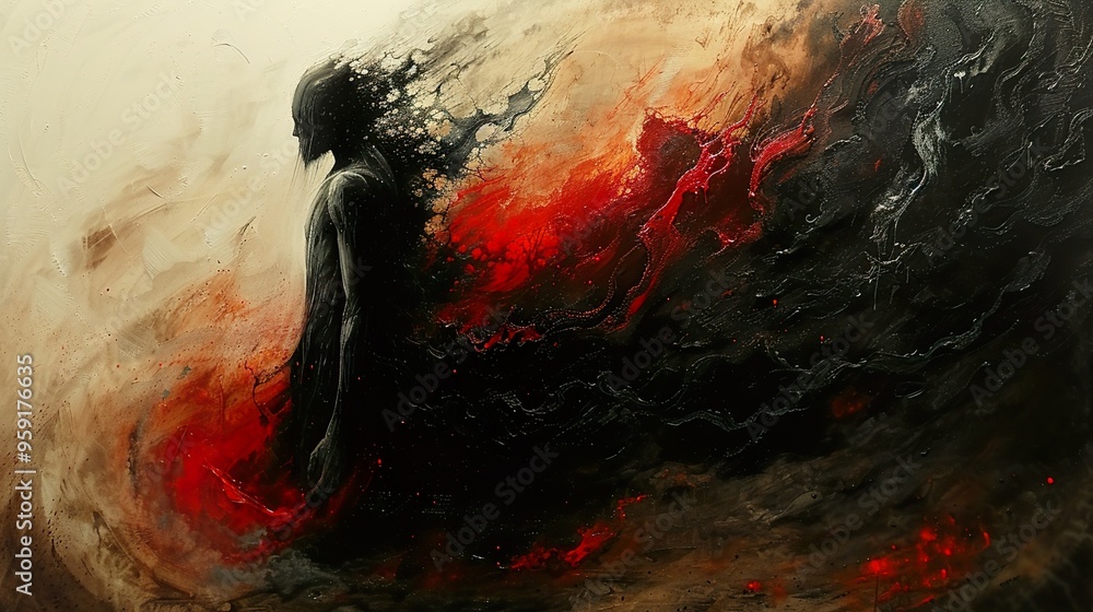 custom made wallpaper toronto digitalAbstract painting of a shadowy figure with a fiery background.
