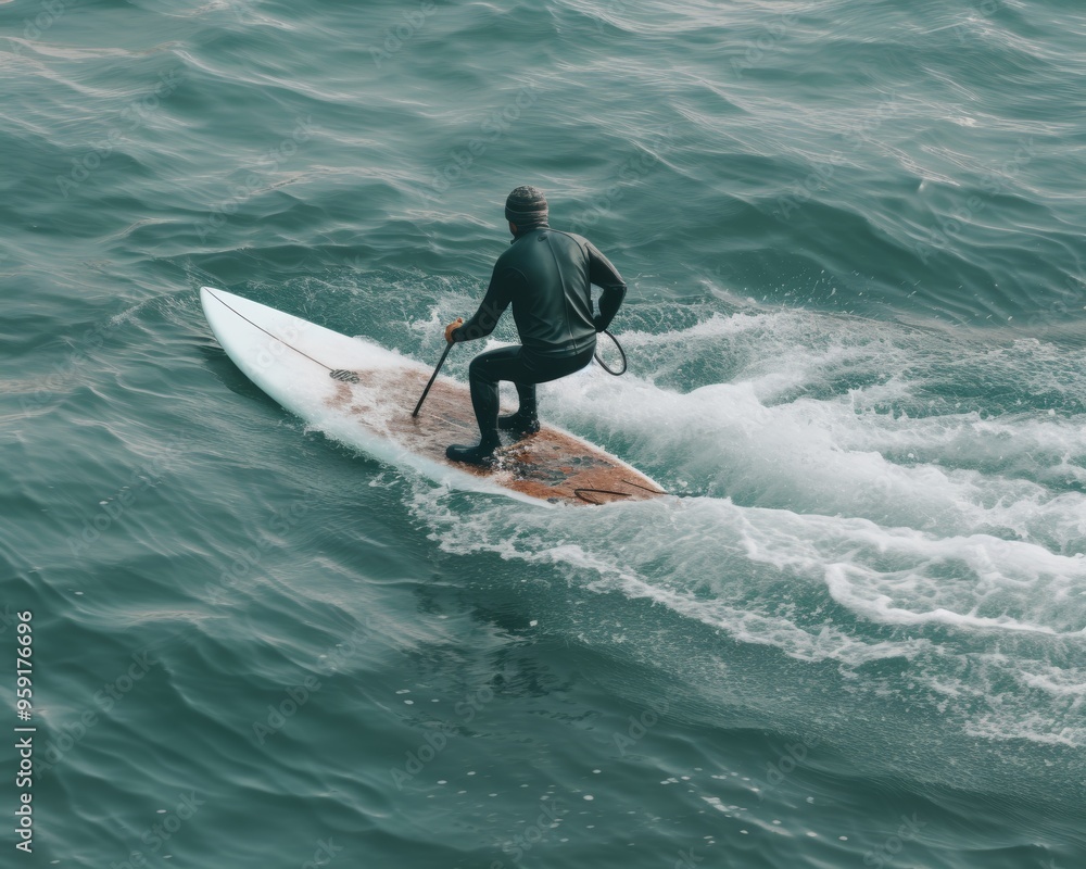 Man surfing in the midst of rough and turbulent ocean waves during extreme conditions Man surfing in the midst of rough and turbulent ocean waves during extreme conditions