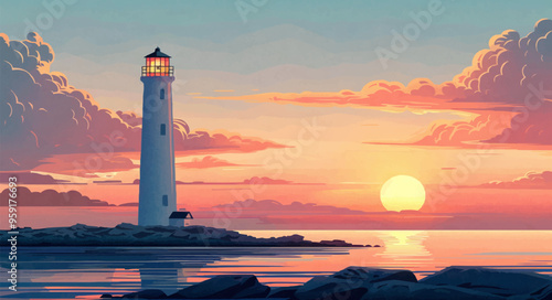 A linear vector of a lighthouse by the sea.