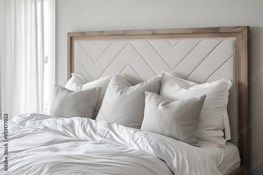 Coastal Themed Light Grey Linen Headboard with Wood Accents Coastal Themed Light Grey Linen Headboard with Wood Accents