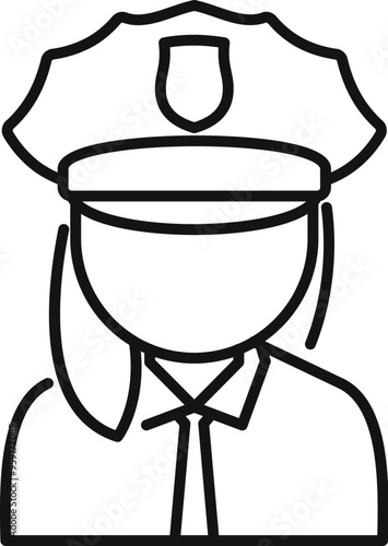 Simple line icon of a female police officer wearing a uniform with a badge