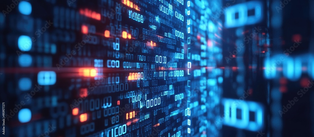 Digital technology concept highlighting cybersecurity measures against online threats Data analytics and science represented by binary code polygons on a dark blue backdrop Digital technology concept highlighting cybersecurity measures against online threats Data analytics and science represented by binary code polygons on a dark blue backdrop