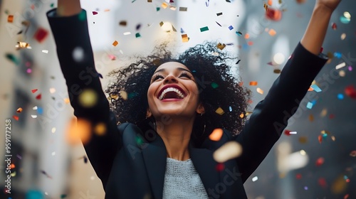 A woman in business attire joyfully celebrating a job offer with confetti falling around her, representing the excitement of achieving a dream job