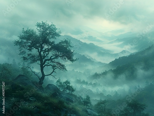 A solitary tree stands tall on a mountain ridge, overlooking a valley shrouded in mist.