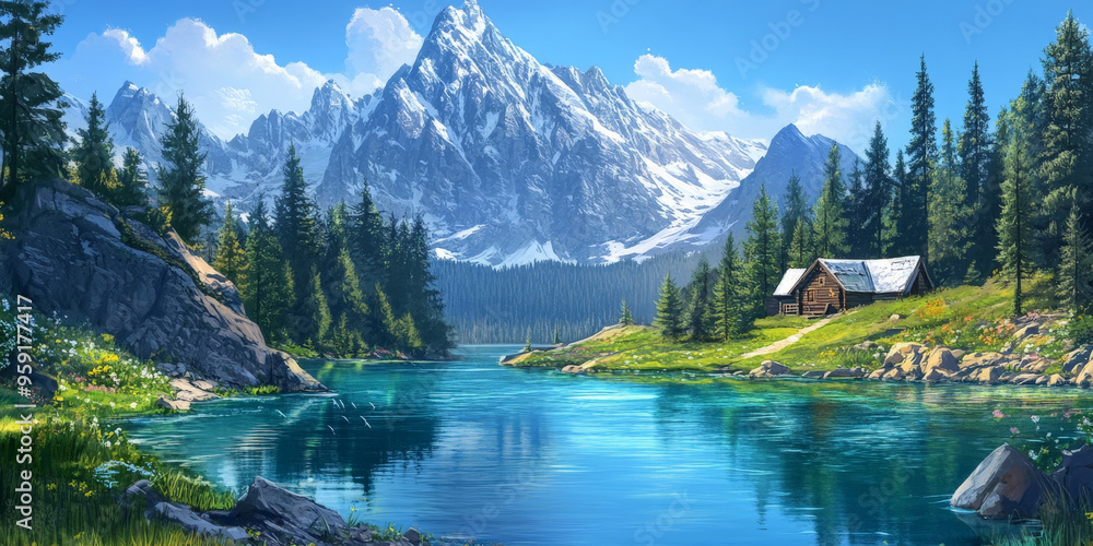 Fototapeta premium A tranquil cartoon backdrop of a mountain lake with snow-capped peaks, clear water, and a small cabin nestled among the trees. The scene is peaceful and serene.