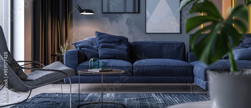 Modern living room with blue couch and plants, cozy and inviting