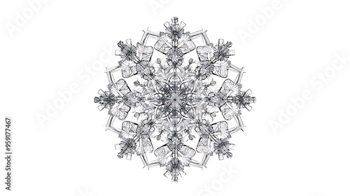 Minimalist line illustration of a snowflake, isolated on solid white background. 32k, full ultra HD, high resolution