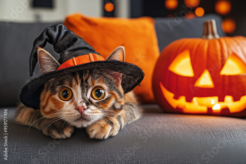 Adorable Cat in Witch Hat with Jack-O'-Lantern for Halloween