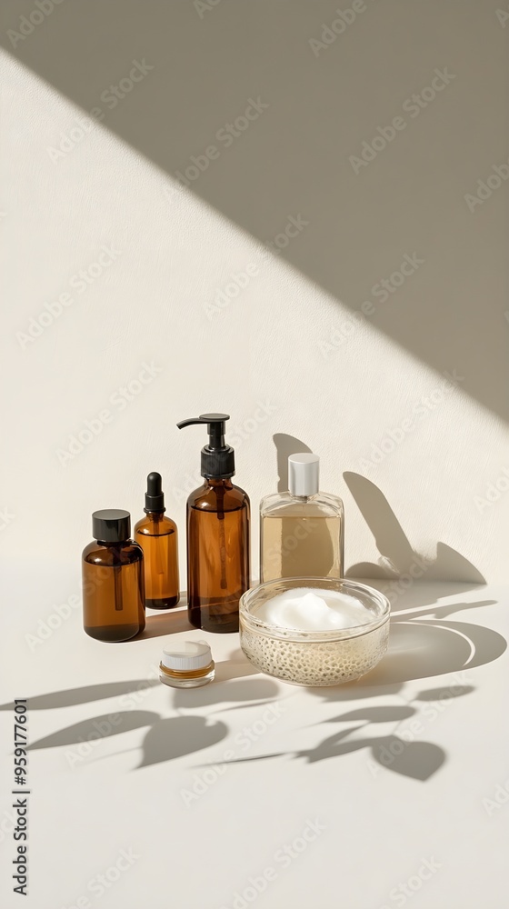 A minimalist skincare routine displayed with bottles and jars on a light solid color background, emphasizing simplicity A minimalist skincare routine displayed with bottles and jars on a light solid color background, emphasizing simplicity