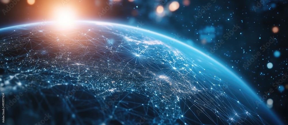 Obraz premium Abstract background featuring planet Earth suspended in cyberspace with interconnected data networks