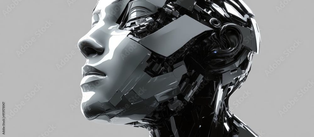 3D render depicting the assembly of a cyborg head featuring a polygonal design of a human face 3D render depicting the assembly of a cyborg head featuring a polygonal design of a human face
