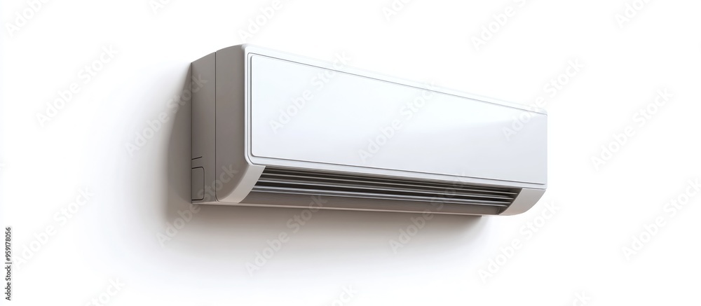 3D rendering of a wall mounted air conditioning unit against a white background featuring an isolated design 3D rendering of a wall mounted air conditioning unit against a white background featuring an isolated design
