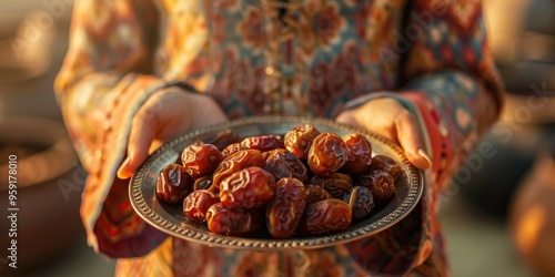 Emirati Arab Woman Holding a Plate of Dates Dubai United Arab Emirates photo