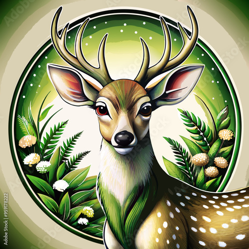 Colorful deer illustration with elegant antlers gazing proudly amidst lush greenery

