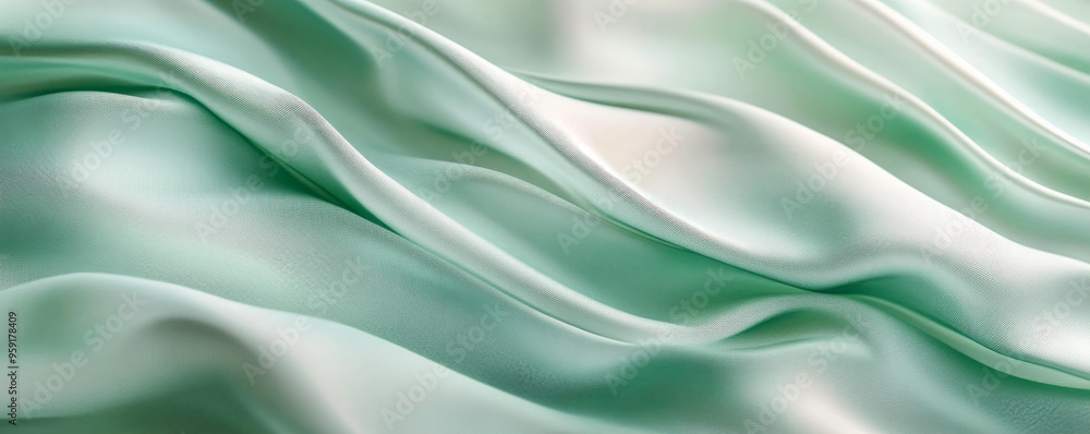 Fototapeta premium A sophisticated abstract background with 3D silk fabric in gradient shades of emerald green to pale mint. The fabricâ€™s smooth waves create a fresh, elegant atmosphere.