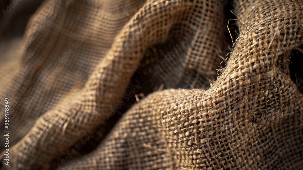 Textured burlap fabric draping elegantly in soft light, showcasing intricate weaving patterns and a rustic appearance Textured burlap fabric draping elegantly in soft light, showcasing intricate weaving patterns and a rustic appearance