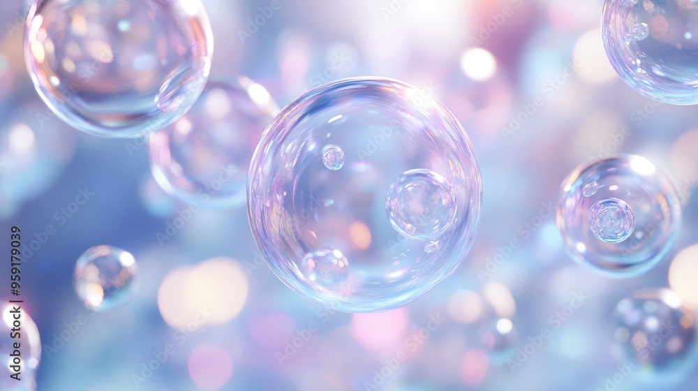 Transparent bubble flow on a light backdrop 3D rendering Transparent bubble flow on a light backdrop 3D rendering