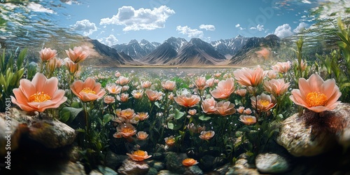 Underwater View of Pink Flowers Blooming in a Field with Snowy Mountains in the Background photo