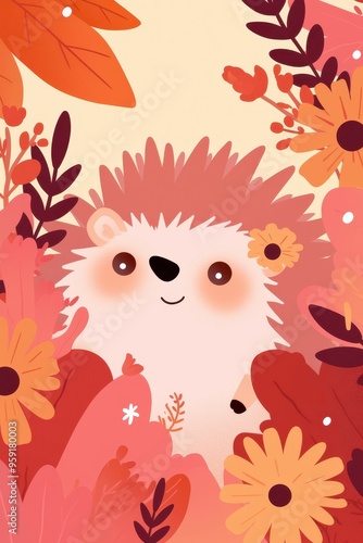 Adorable hedgehog with autumn foliage in vibrant cartoon style