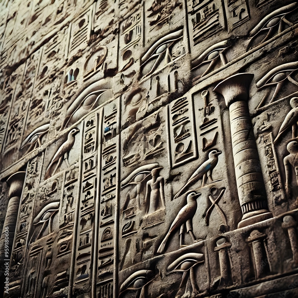 Antiguo relieve egipcio con símbolos jeroglíficos, incluido el ojo de Horus y un halcón sagrado Antiguo relieve egipcio con símbolos jeroglíficos, incluido el ojo de Horus y un halcón sagrado