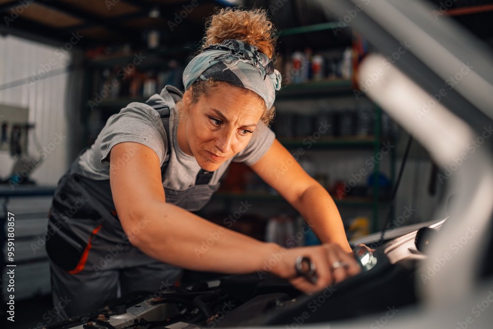 Focused female technician fixing under car hood at mechanic workshop. Focused female technician fixing under car hood at mechanic workshop.