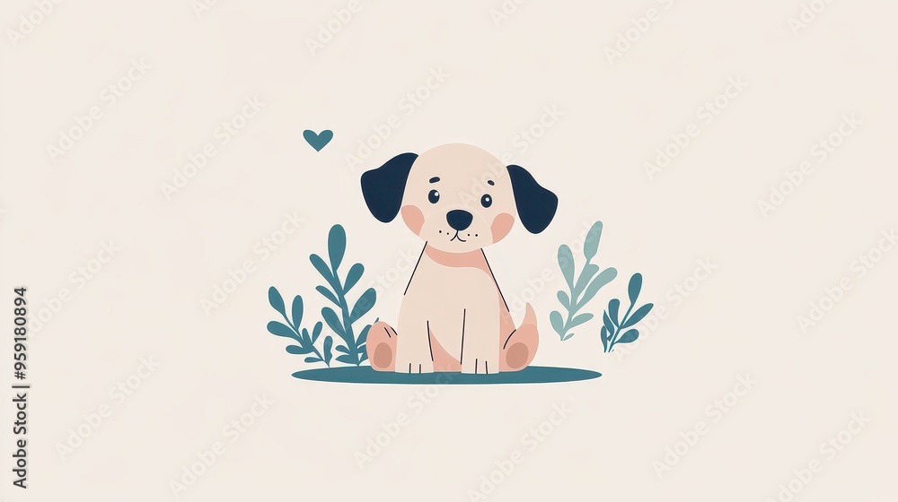 Adorable puppy with heart in minimalistic cartoon style on pastel background Adorable puppy with heart in minimalistic cartoon style on pastel background
