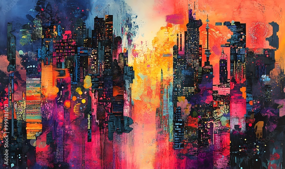 Obraz premium Abstract Cityscape with Bold Colors and Geometric Shapes