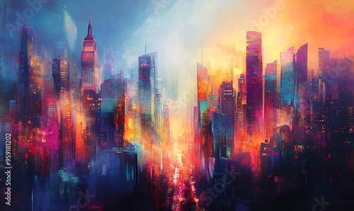 Abstract Painting of a Cityscape with a Vibrant Color Palette