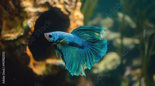 Blue Betta Fish with a Green Fin, Swimming through a Tank