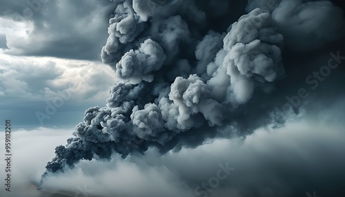 In the cloudy sky, a strong cloud of smoke pervades upward from the ground, and the surrounding environment is blurred, showing a mysterious and thought-provoking scene. photo