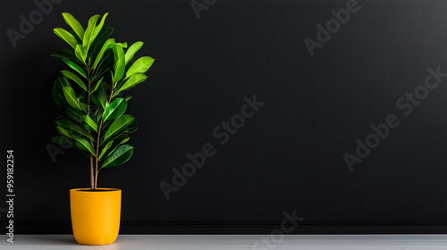Green plant in a yellow pot standing on a white floor against a black wall with copy space