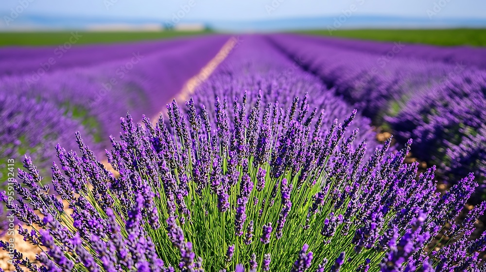 Obraz premium A vibrant field of lavender in full bloom with a clear sky and the scent of flowers in the air 