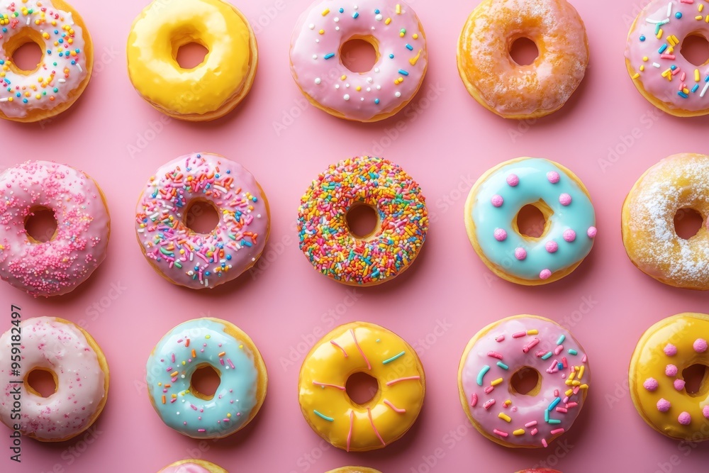 Delightful pastel donuts artfully arranged on a soft pink background, showcasing a rainbow of vibrant colors and fun designs that are perfect for celebrating any special occasion or gathering Delightful pastel donuts artfully arranged on a soft pink background, showcasing a rainbow of vibrant colors and fun designs that are perfect for celebrating any special occasion or gathering