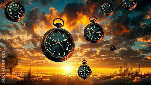 A breathtaking landscape unfolds as clocks float effortlessly in a stunning sunset, casting rich colors across the sky and illuminating a shadowy city in the distance