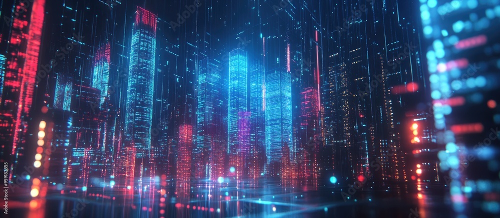 Data theme hologram illustration with a city skyline featuring skyscrapers in a multi exposure effect Concept of big data visualization Data theme hologram illustration with a city skyline featuring skyscrapers in a multi exposure effect Concept of big data visualization
