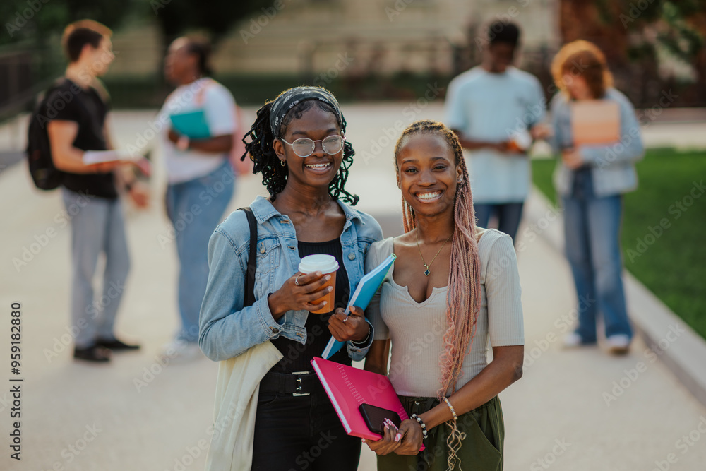 Obraz premium Close up of happy diverse female classmates at campus smiling at camera