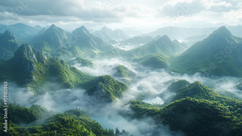 A breathtaking view of misty mountain ranges, with sunlight filtering through the clouds.